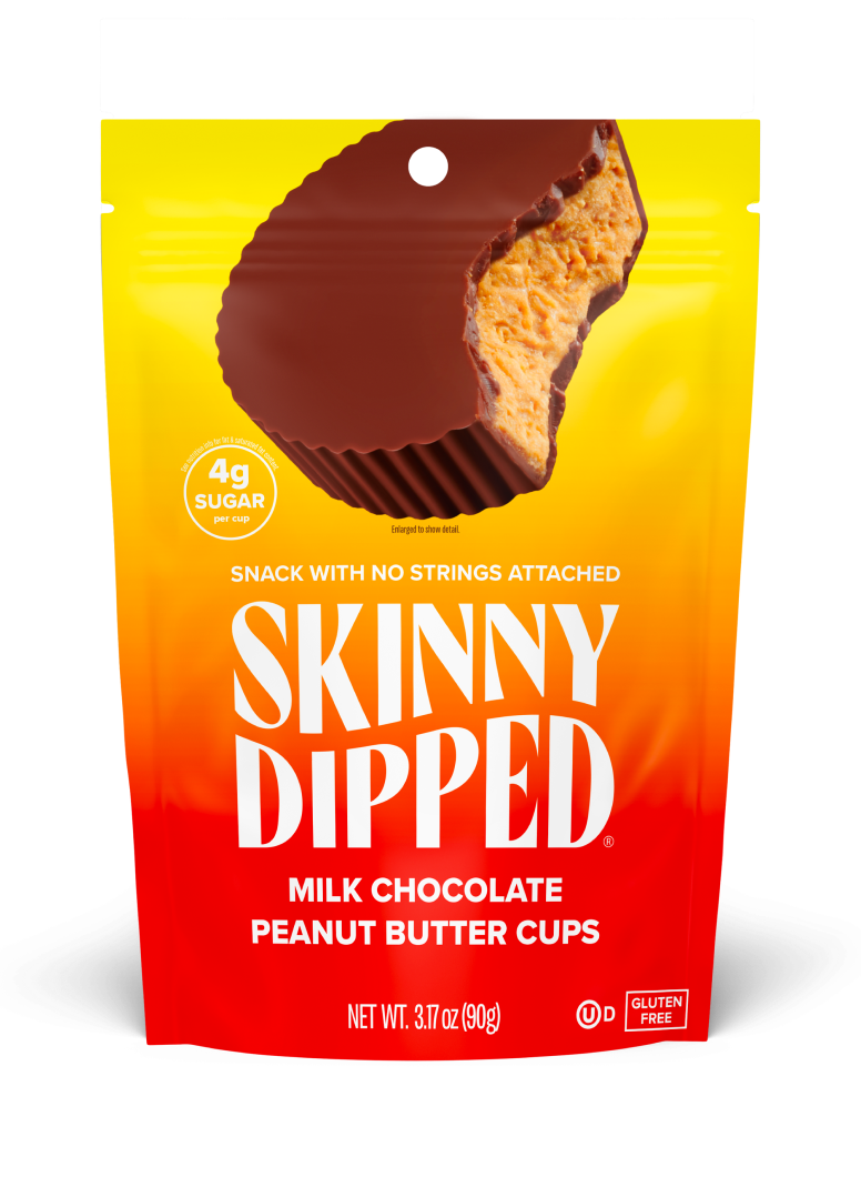 3.2 oz--SkinnyDipped Milk Chocolate Peanut Butter Cups front of single bag.