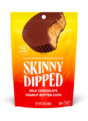 SkinnyDipped Milk Chocolate Peanut Butter Cups front of single bag.