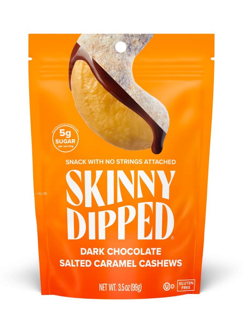 3.5 oz--SkinnyDipped Dark Chocolate Salted Caramel Cashews front of a single 3.5oz bag.