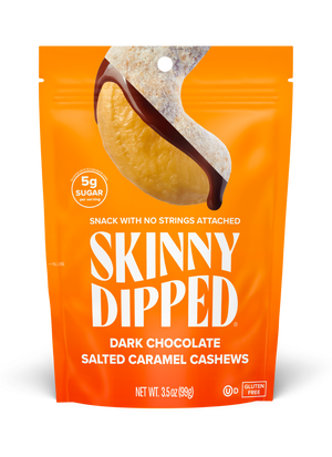 SkinnyDipped Dark Chocolate Salted Caramel Cashews front of a single 3.5oz bag.
