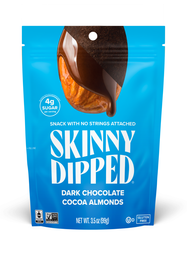 3.5 oz--SkinnyDipped Dark Chocolate Cocoa Almonds back of a single 3.5oz bag showing the front of the bag