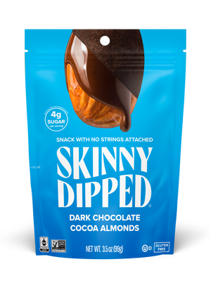 SkinnyDipped Dark Chocolate Cocoa Almonds back of a single 3.5oz bag showing the front of the bag