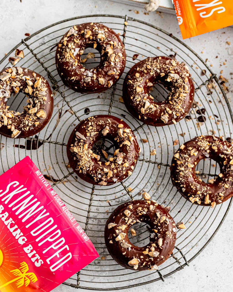 Baked Chocolate Donuts w/SkinnyDipped Salted Caramel Cashews & Baking Bits