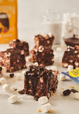 Chocolate Rice Krispie Treats with SkinnyDipped Chocolate Covered Peanuts