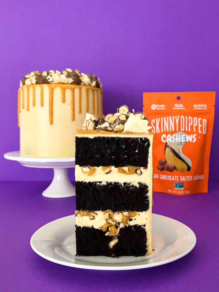 Chocolate Salted Caramel Layer Cake with SkinnyDipped Salted Caramel Cashews