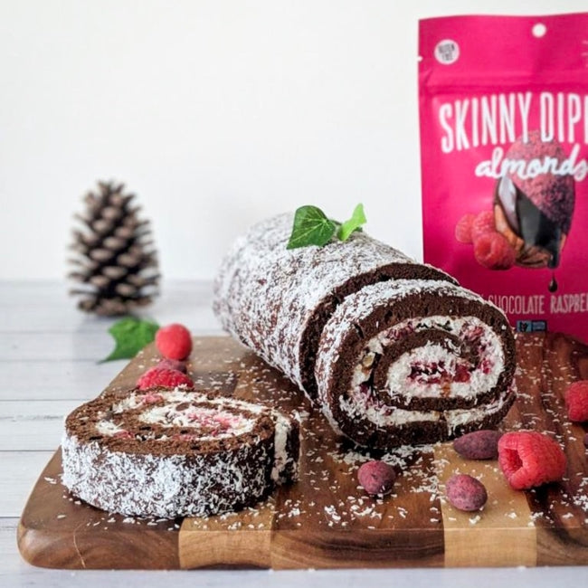 Bûche De Noël: Cocoa-Coconut Raspberry with Skinny Dipped Almonds