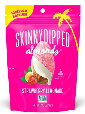 SkinnyDipped Strawberry Lemonade Almonds front of a 3.5oz bag.