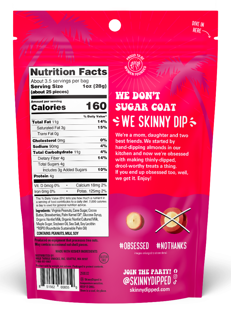 3.5 oz--SkinnyDipped Peanut Butter & Jelly Peanuts back of a single bag showing the nutrition facts.