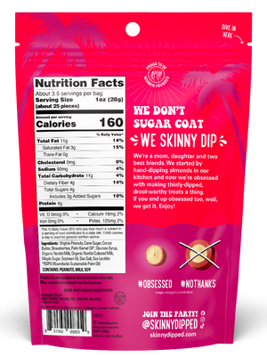 SkinnyDipped Peanut Butter & Jelly Peanuts back of a single bag showing the nutrition facts.
