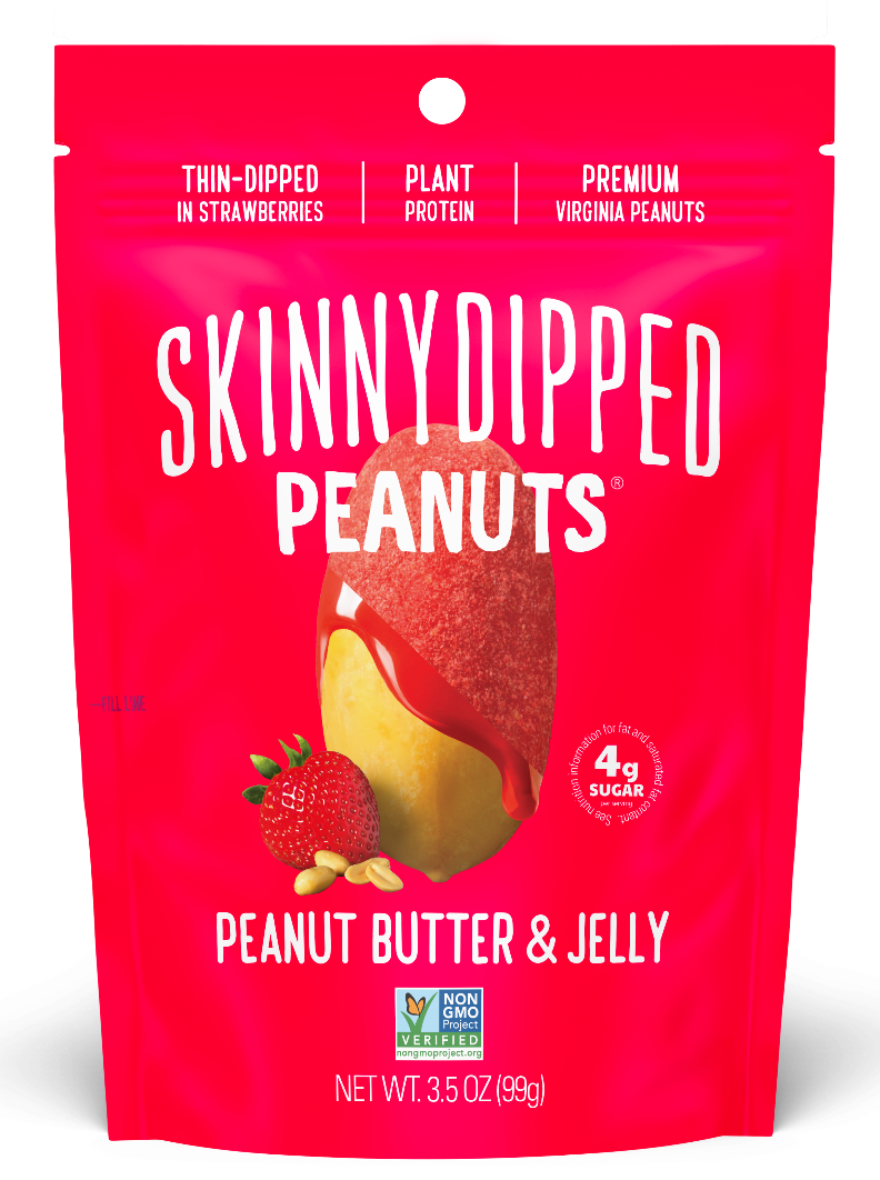 3.5 oz--SkinnyDipped Peanut Butter & Jelly Peanuts front of a single 3.5oz bag.