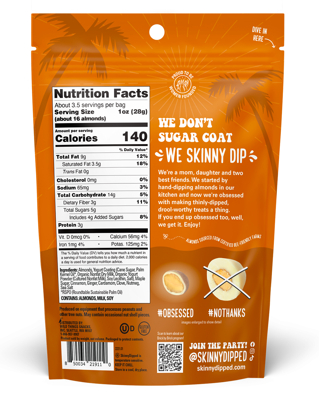 3.5 oz--SkinnyDipped Pumpkin Spice Almonds back of a 3.5oz bag.