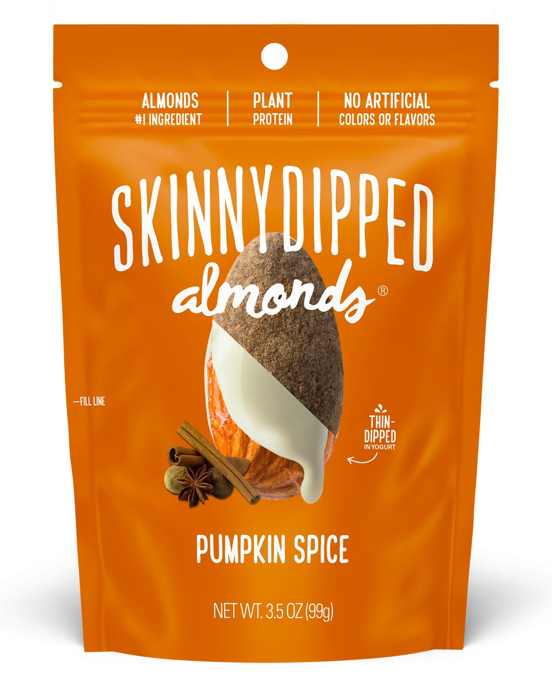 3.5 oz--SkinnyDipped Pumpkin Spice Almonds front of a 3.5oz bag.