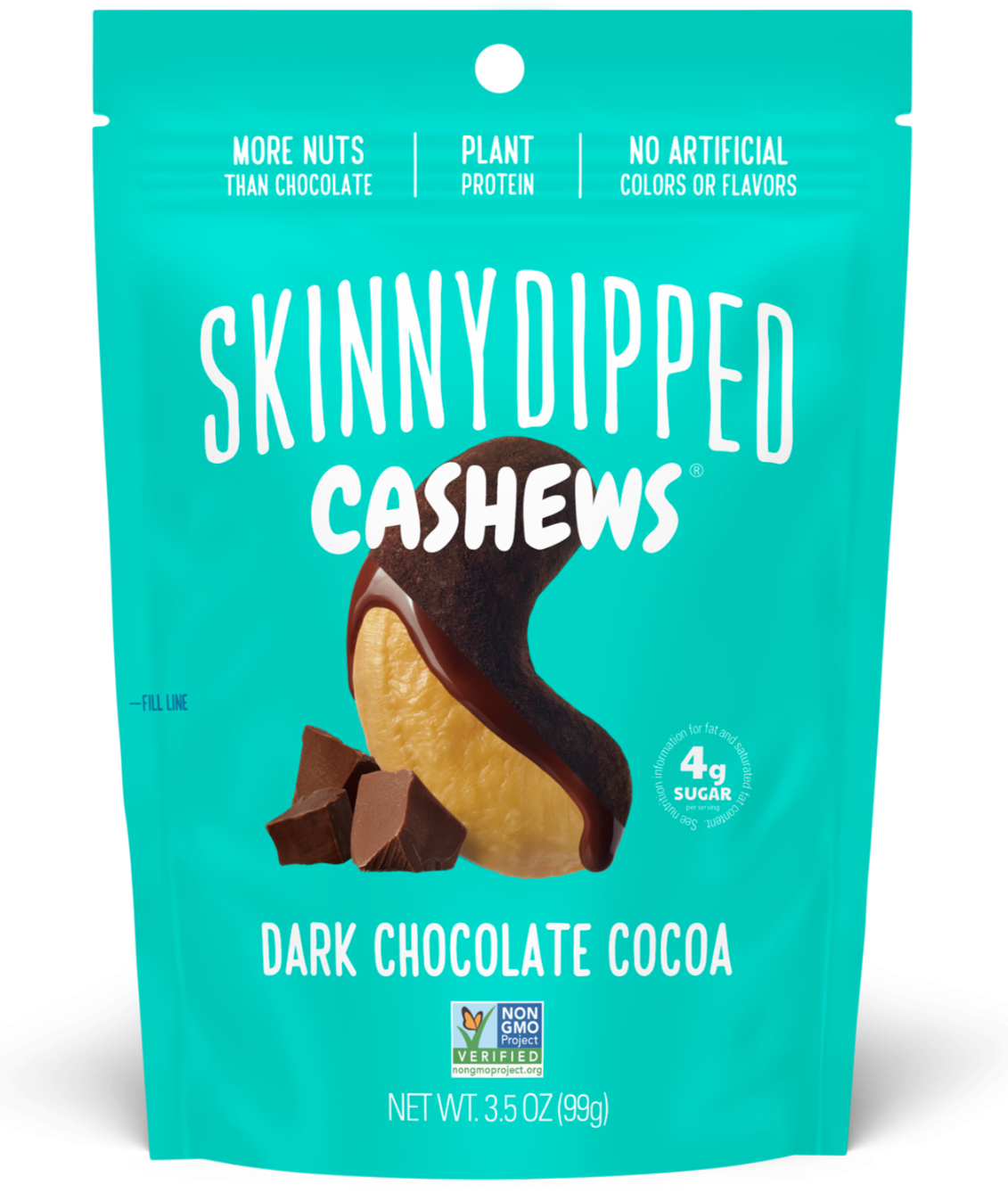 3.5 oz--SkinnyDipped Dark Chocolate Cocoa Cashews front of a 3.5oz bag.