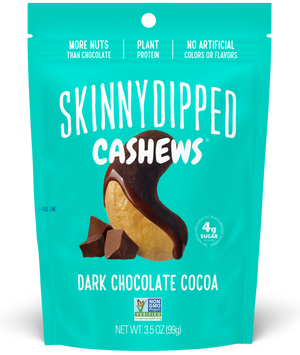 SkinnyDipped Dark Chocolate Cocoa Cashews front of a 3.5oz bag.
