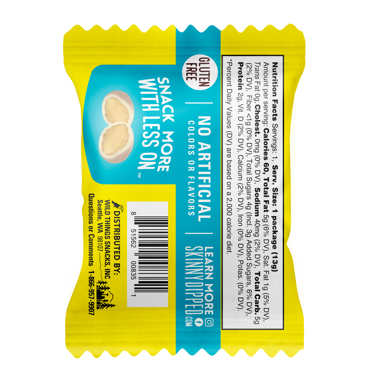 0.46 oz--SkinnyDipped Lemon Bliss Almonds back of a single bag showing the nutrition facts.