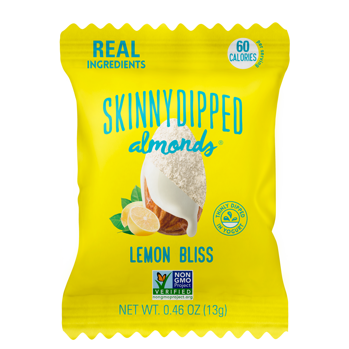 0.46 oz--SkinnyDipped Lemon Bliss Almonds front of a single 0.46oz bag.
