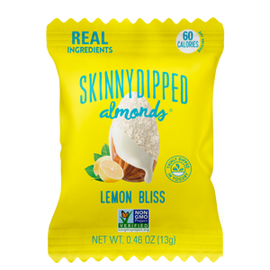 SkinnyDipped Lemon Bliss Almonds front of a single 0.46oz bag.