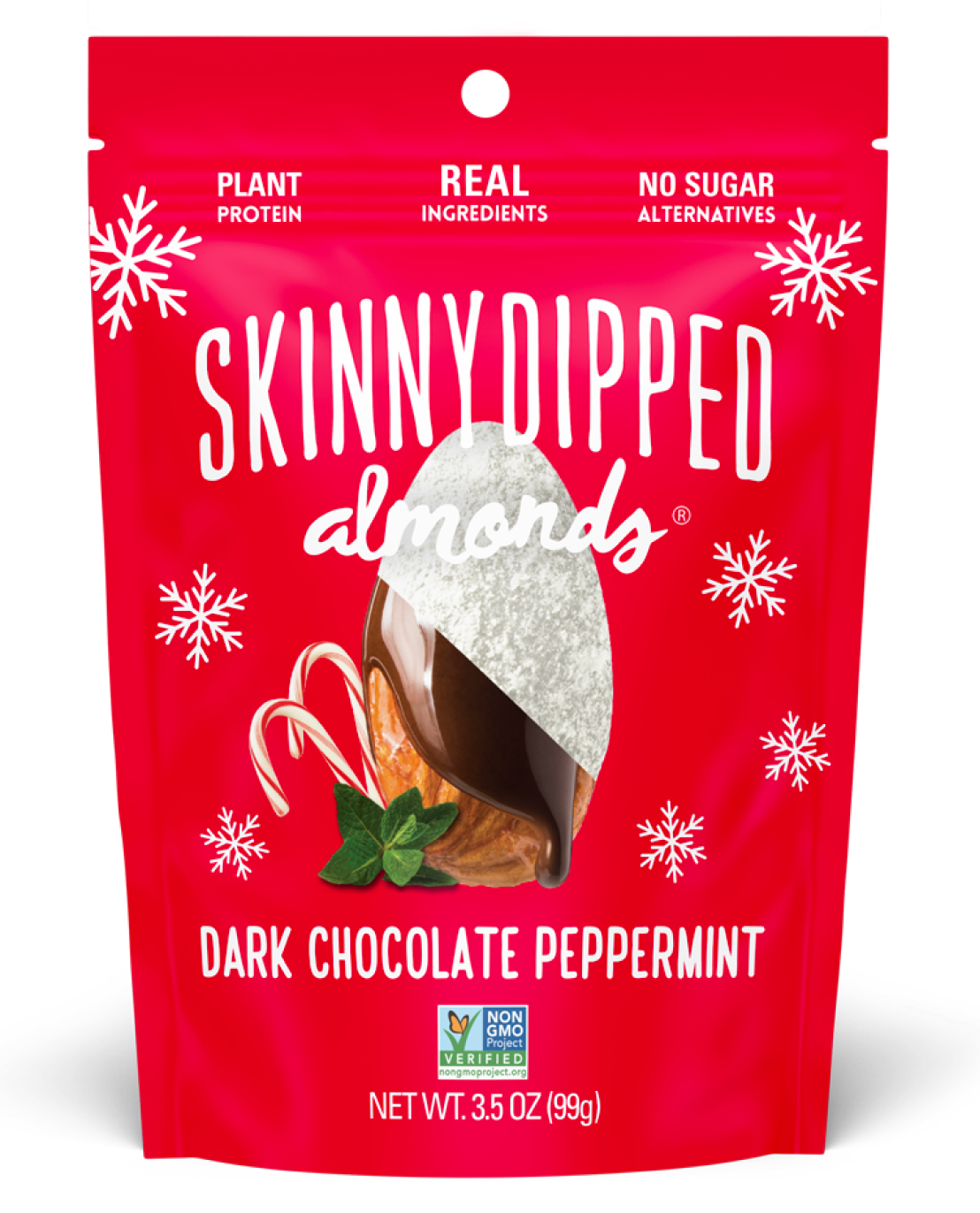 3.5 oz--SkinnyDipped Dark Chocolate Peppermint front of 3.5oz bag.