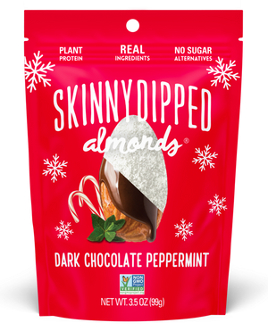 SkinnyDipped Dark Chocolate Peppermint front of 3.5oz bag.